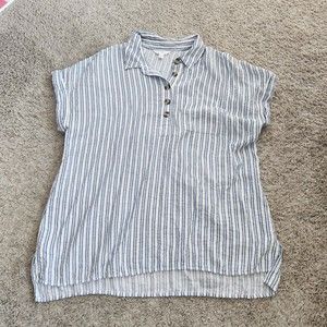 Women's Striped Blue White Blouse Size Large Time and Tru Collared Button Top